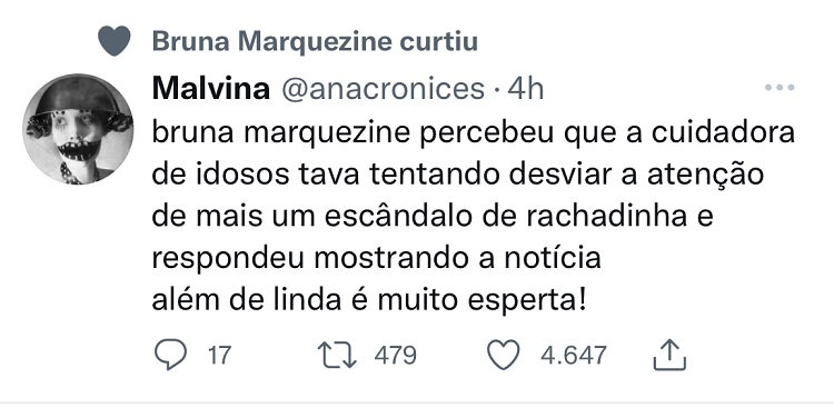 Bruna Marquezine curte tuíte sobre Michelle Bolsonaro (Foto: Twitter)