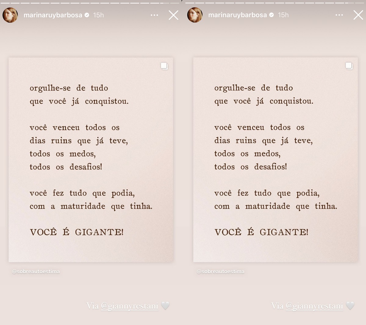 a tiago Marina Ruy Barbosa posta reflexão no Instagram (Foto: Stories do Instagram)