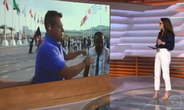 Eric Faria, repórter da Globo, se revolta após trombada com torcedor e revida ao vivo
