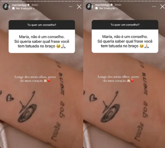 Maria Lina mostra tatuagem para João Miguel (Foto: Stories do Instagram)