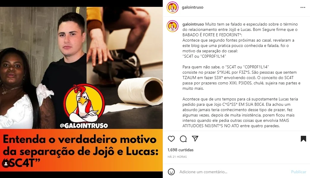 Postagem sobre Jojo Todynho e Lucas (Foto: Reprodução Instagram)