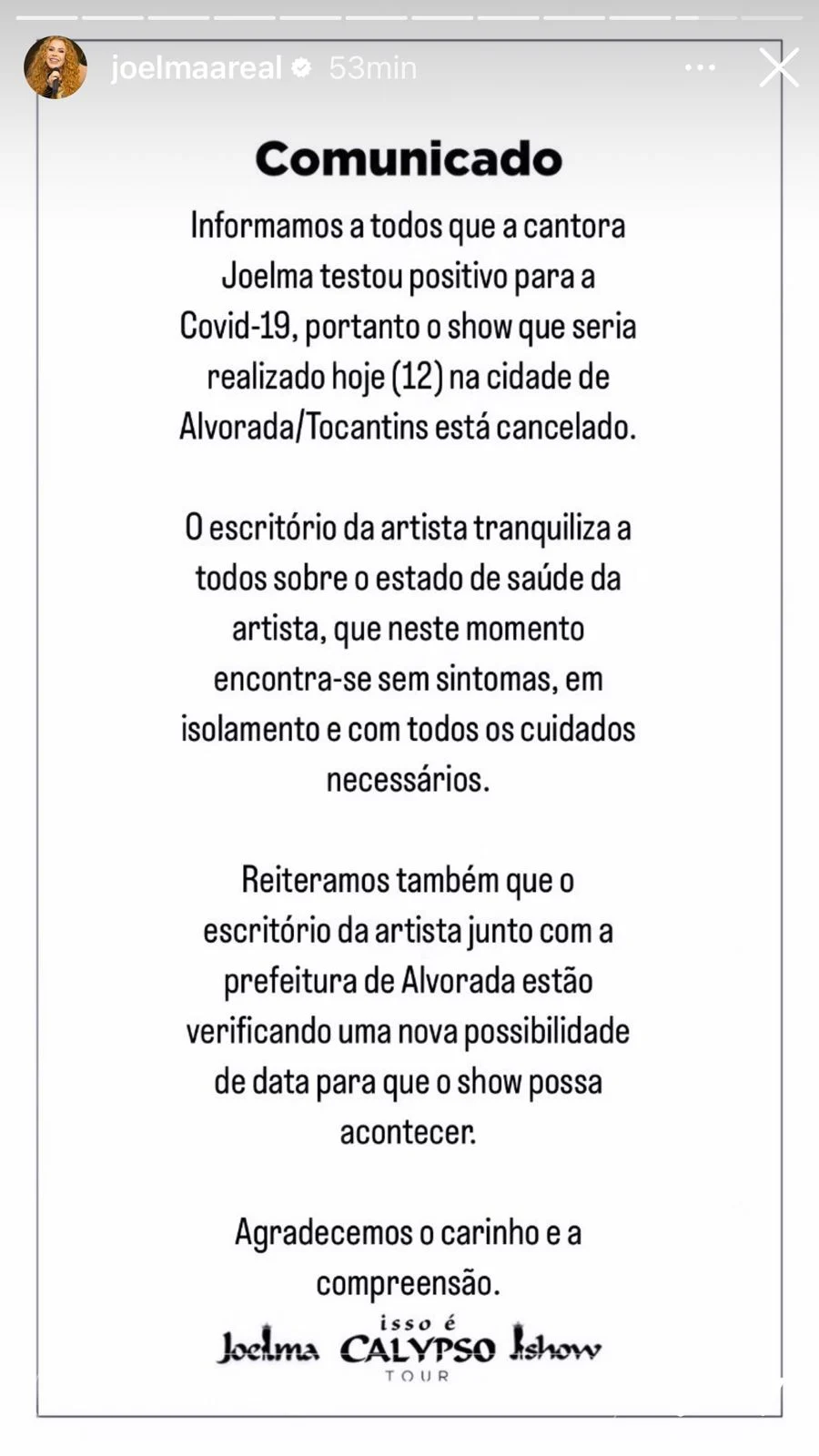 Anuncio feito pela equipe de Joelma/ Reprodução Instagram