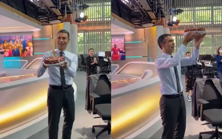 César Tralli é surpreendido na redação da Globo com festa surpresa de aniversário