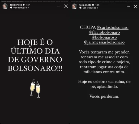 Felipe Neto comemora fim de mandato de Bolsonaro (Foto: Stories do Instagram)
