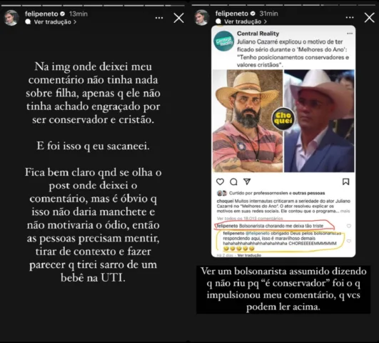 Felipe Neto se explica após publicação (Foto: Stories/Instagram)