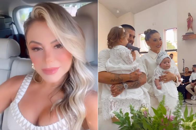 Poliana Rocha marca presença em batizado das netas: ”Família linda”