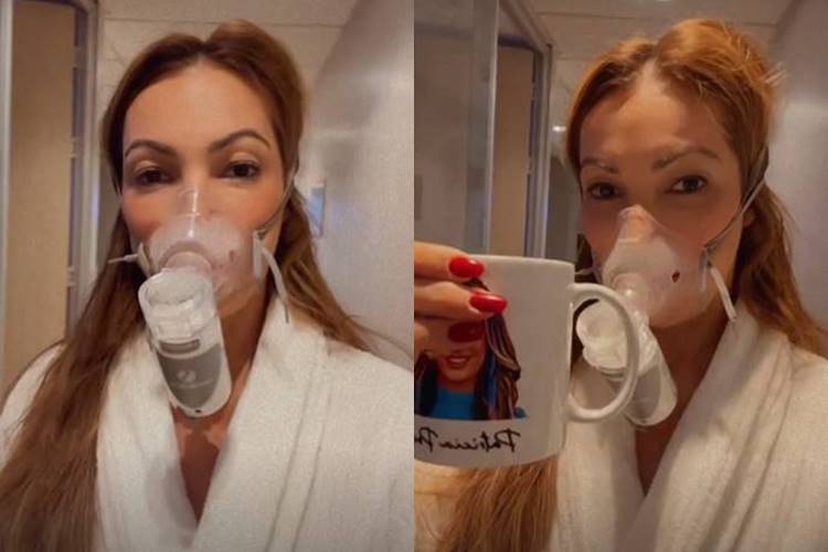 Patrícia Poeta surge fazendo nebulização e de roupão nos corredores da Globo