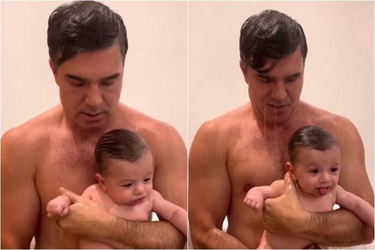 Marido de Claudia Raia surge dando banho no filho: ”lindos”