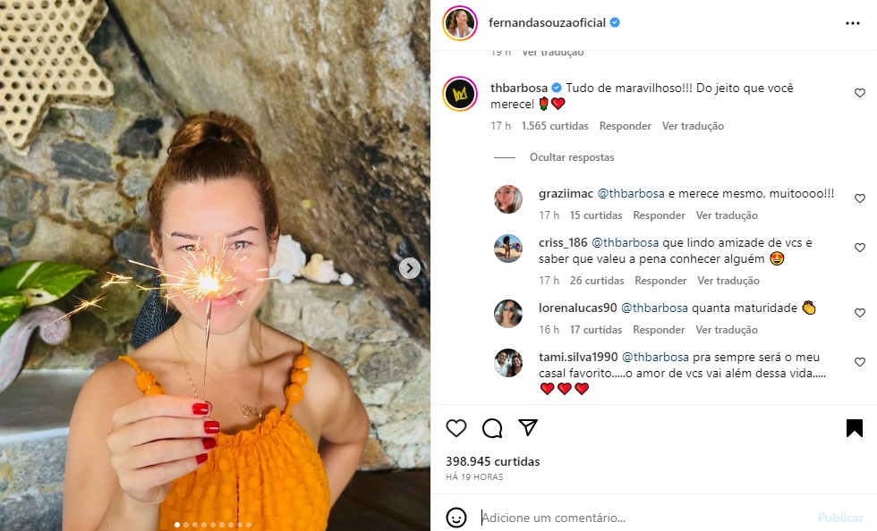 Postagem Fernanda Souza e comentário de Thiaguinho (Foto: Reprodução Instagram)