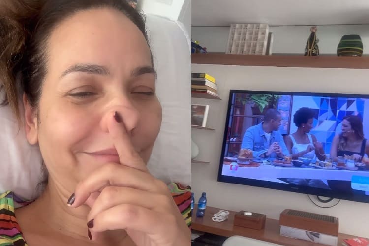 Maria Beltrão aparece assistindo o É de Casa pela TV enquanto se recupera de cirurgia