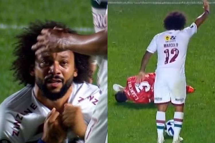 Marcelo, do Fluminense, quebra a perna de jogador do Argentino Juniors em partida da Libertadores