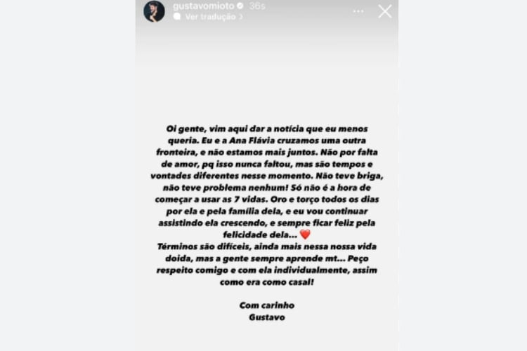 Gustavo Mioto anunciou o término em seu Instagram