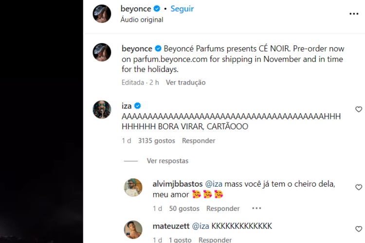 Iza comentando na publicação da Beyoncé (Reprodução: Instagram)
