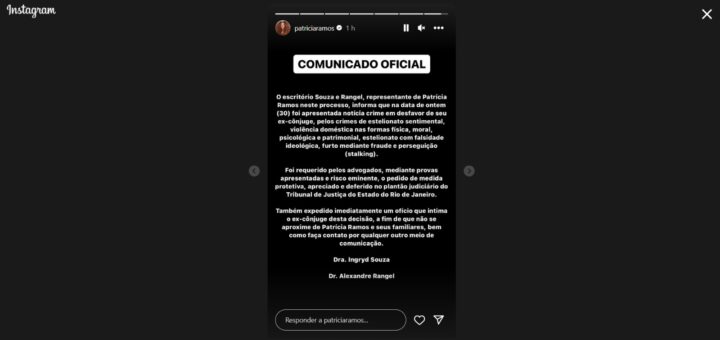 A nota publicada no Instagram de Patrícia Ramos (Reprodução; Instagram)