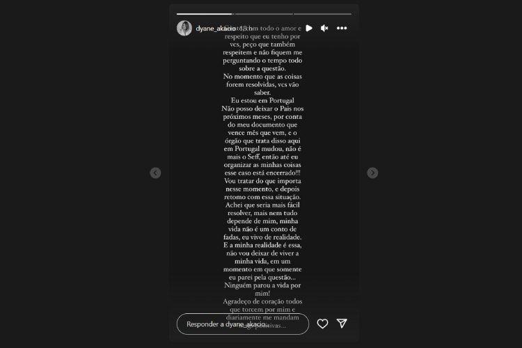 Dyane Akacio, suposta filha de Leonardo, usando o stories para mandar um recado bem direto aos seguidores (Reprodução: Instagram)