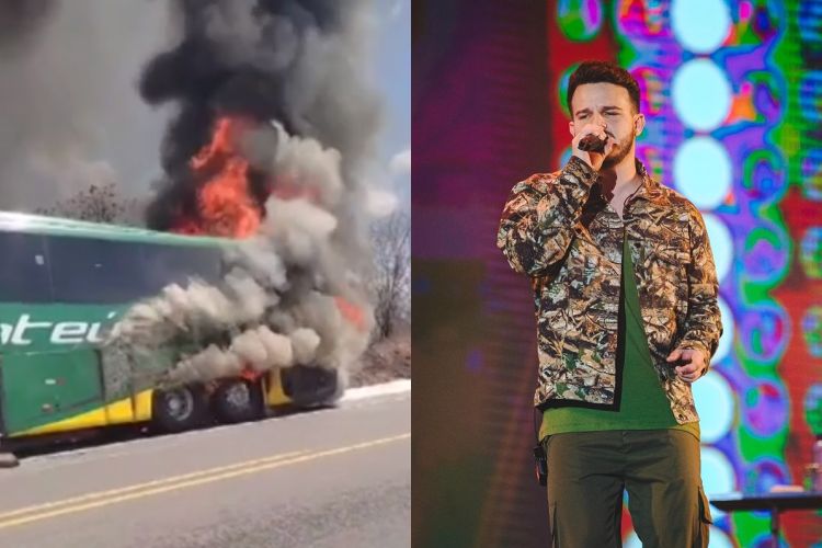 Incêndio acomete ônibus com equipe do cantor Matheus Fernandes