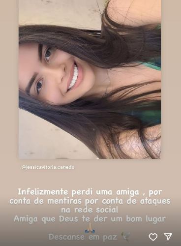 Uma amiga de Jessica Vitória lamentou nas redes sociais (Reprodução: Instagram)