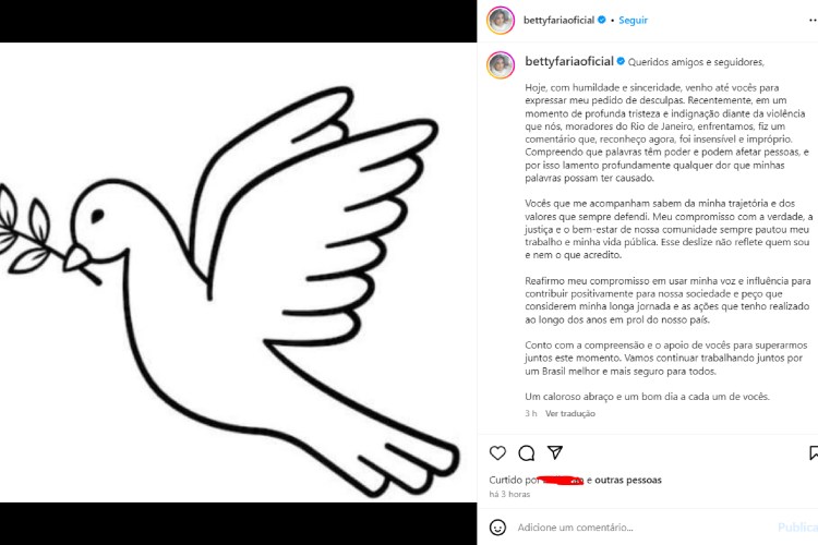 O pronunciamento de Betty faria no Instagram (Reprodução: Instagram)