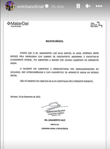 A nota do hospital divulgada pelo Grupo É O TCHAN (Reprodução: Instagram)