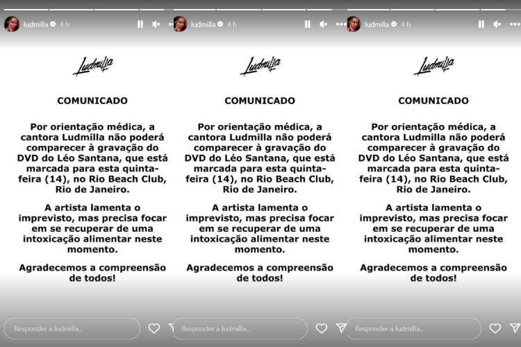 Ludmilla Ludmilla se pronunciando nos Stories através de sua equipe (Reprodução: Instagram)