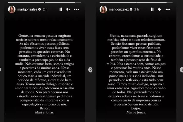 O pronunciamento de Mari sobre os boatos de término com Jonas em outubro (Reprodução: Instagram)