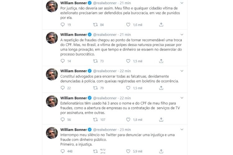 William Bonner fez uma série de Tweets denunciando o outro golpe em 2020 (Reprodução: Twitter)