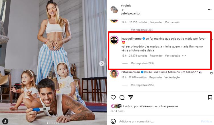João Guilherme celebra nova gravidez de Virginia Fonseca e revela