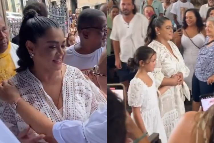 Preta Gil entrando na missa com Sol de Maria, sua neta (Reprodução: Instagram)