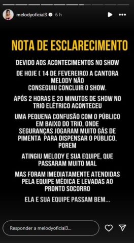 Comunicado da Equipe de Melody Foto Instagram Reprodução