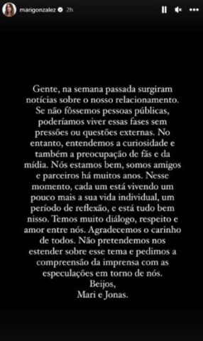 O pronunciamento da Mari na época das especulações (Reprodução: Instagram)