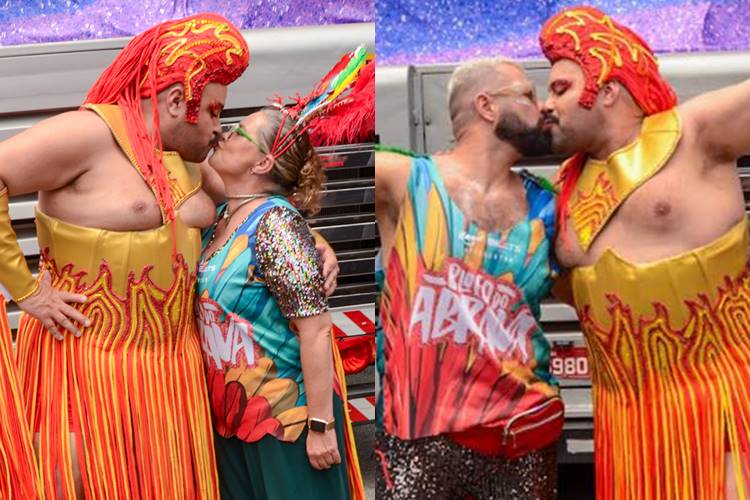 Tiago Abravanel, após beijar foliões, posa com a mãe e marido no ‘Bloco do Abrava’