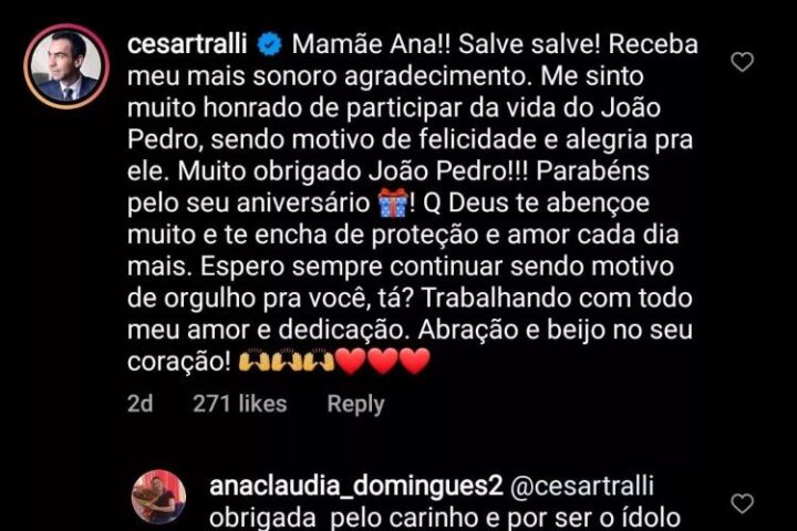 César Tralli respondendo a mãe de João Pedro (Reprodução: Instagram)