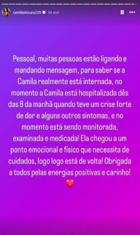 O relato da equipe de Camila Moura, conhecida como a esposa de Lucas Henrique do BBB24, sobre a saúde dela (Reprodução: Instagram) 