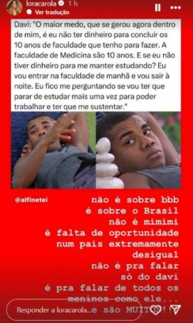 A postagem de Carolina sobre Davi (Reprodução: Instagram)