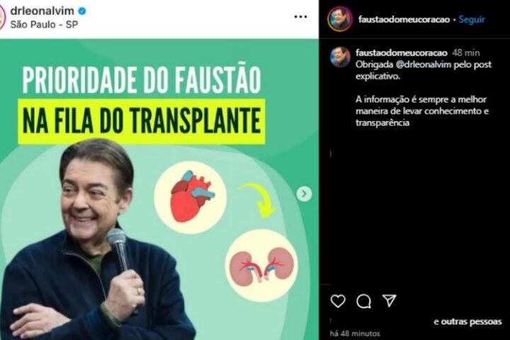 O post da família de Faustão na conta 'Faustão do Meu Coração', criada por eles após o primeiro transplante (Reprodução: Instagram)