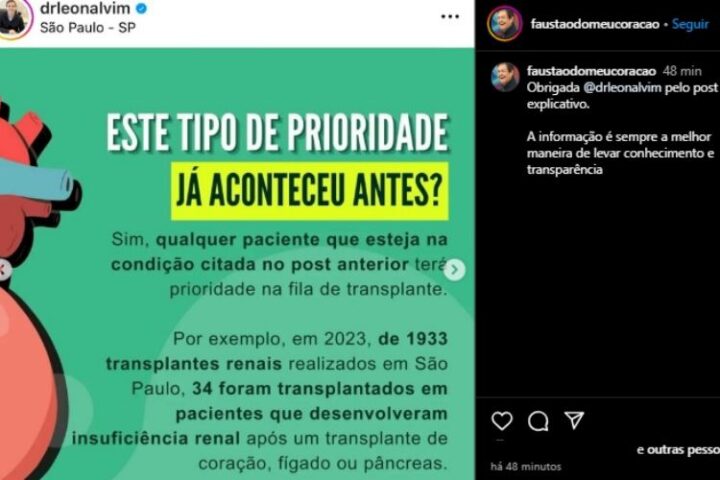 O post da família de Faustão na conta 'Faustão do Meu Coração', criada por eles após o primeiro transplante (Reprodução: Instagram)