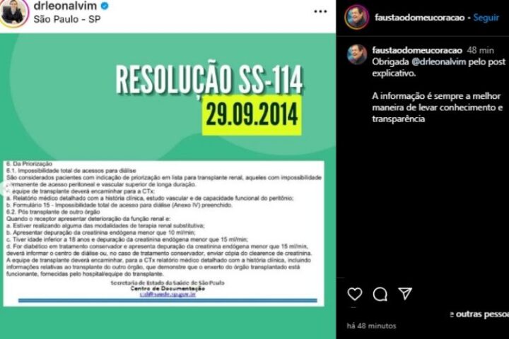 O post da família de Faustão na conta 'Faustão do Meu Coração', criada por eles após o primeiro transplante (Reprodução: Instagram)