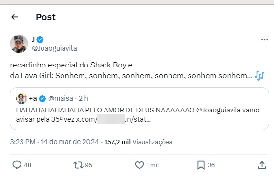 A resposta de João Guilherme (Reprodução: X)