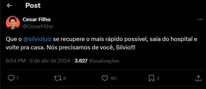 César Filho fez um tweet falando sobre o Silvio Luiz (Reprodução: X)