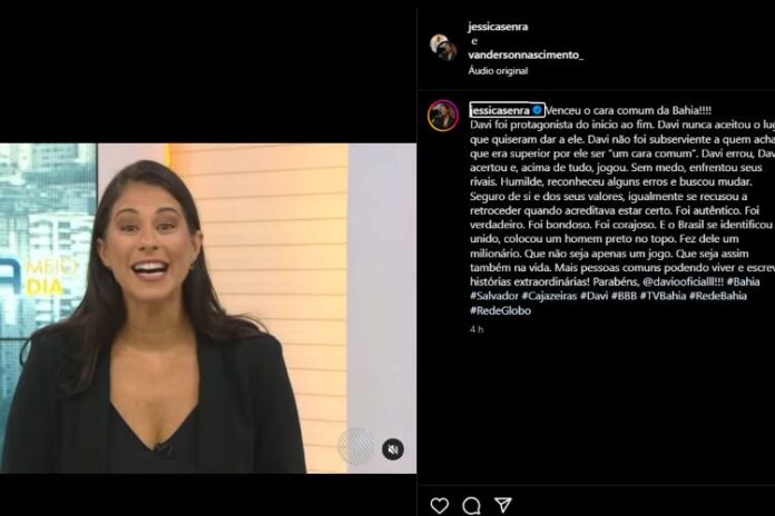Davi e Jéssica Senra Jéssica enaltecendo Davi em suas redes após a vitória (Reprodução: TV Globo/Rede Bahia)