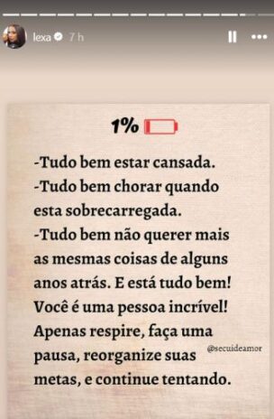 Lexa compartilhando a mensagem sobre cansaço (Reprodução: Instagram)
