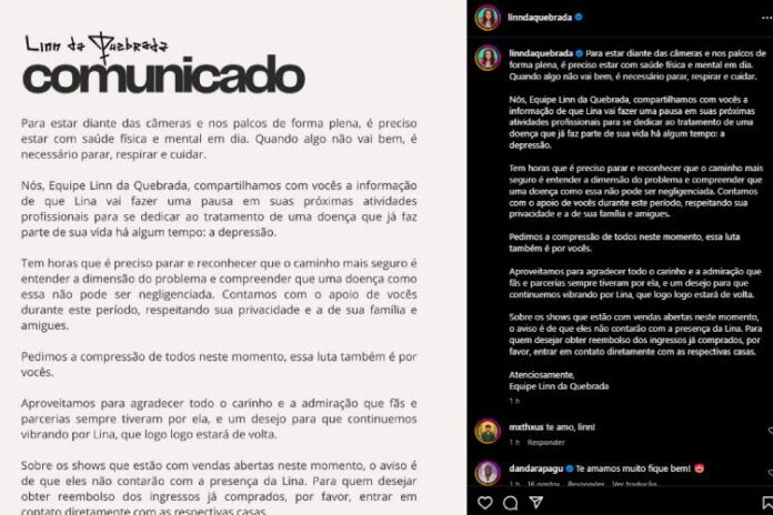 A pronunciamento da equipe de Linn da Quebrada (Reprodução: Instagram)
