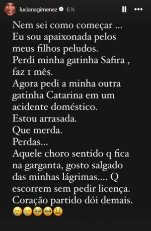 Luciana lamentando a morte de Catarina (Reprodução: Instagram)