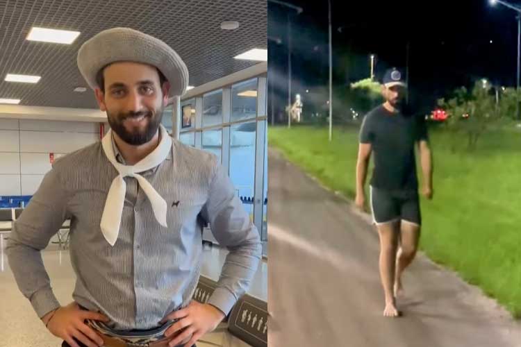 Ex-BBB Matteus caminha descalço e se ajoelha para pagar promessa: ‘Honrando suas raízes’