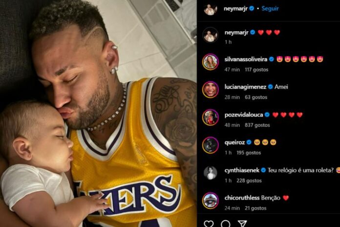Na segunda imagem, Neymar aparece beijando a testa da filha (Reprodução: Instagram)