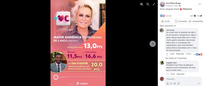 Publicação de Ana Maria Braga Foto Facebook