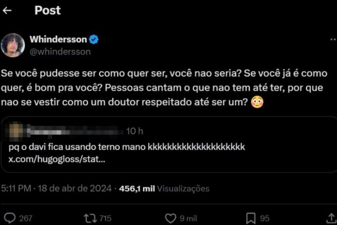 A publicação de Whidersson sobre Davi usar terno (Reprodução: Instagram)