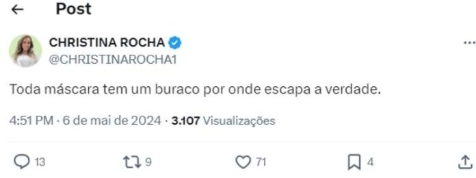 Christina Rocha Confira a postagem de Christina feita nesta segunda (Reprodução: Instagram)