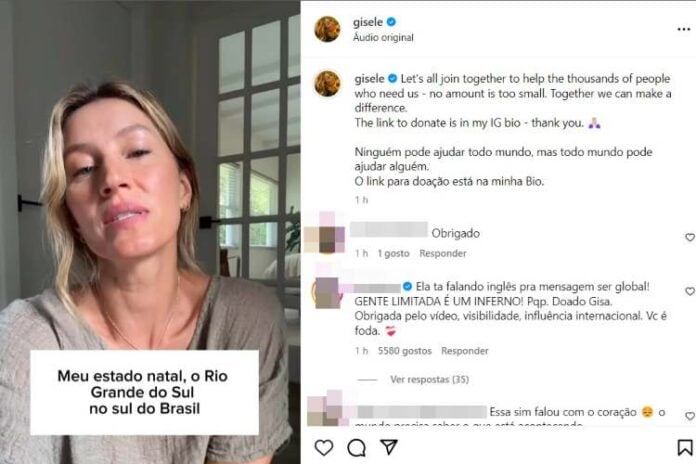 Gisele Bündchen desabafando a tragédia de Rio Grande do Sul para o mundo (Reprodução: Instagram)