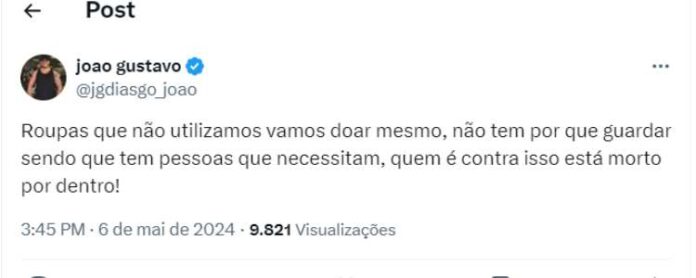 João Gustavo comentando sobre as roupas da família (Reprodução: Twitter)